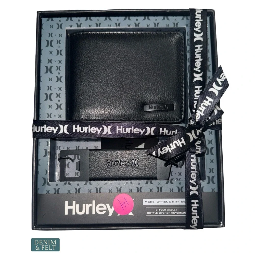 NEW Hurley RFID Bifold Wallet & Bottle Opener Keychain Gift Set Black